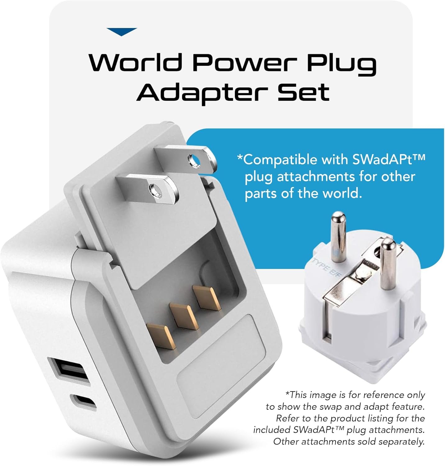 Ceptics World Power Plug Adapter Set, Dual USB & USB-C 3.1A, 20W with QC-PD, 2 USA Outlet Compact & Powerful, Use In Europe, Asia, Australia, Japan, Includes Type A, B, C, E/F, G, I SWadAPt Attachment - Image 5