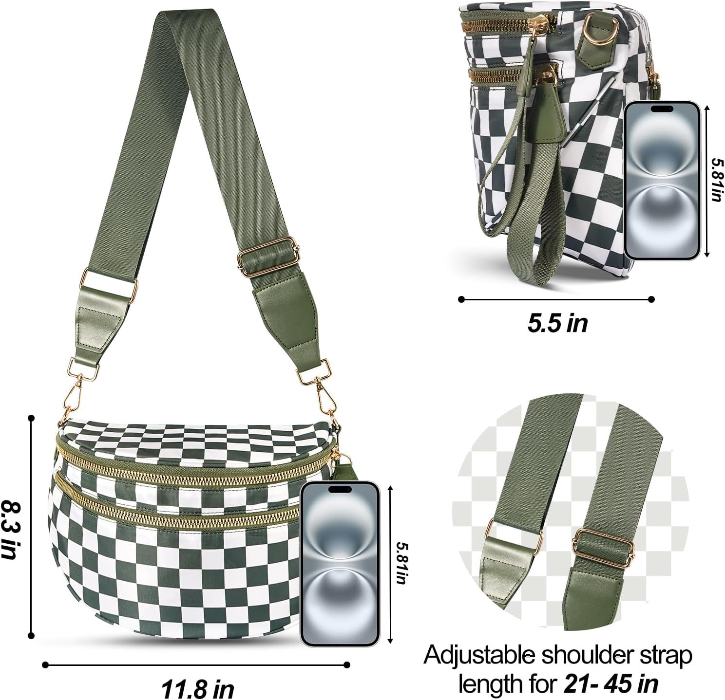 Checkered Crossbody Bag,Nylon Bum Bags for Women Crossbody,Spacious Sling Bag Purse Fanny Packs with Shoulder Strap - Image 2