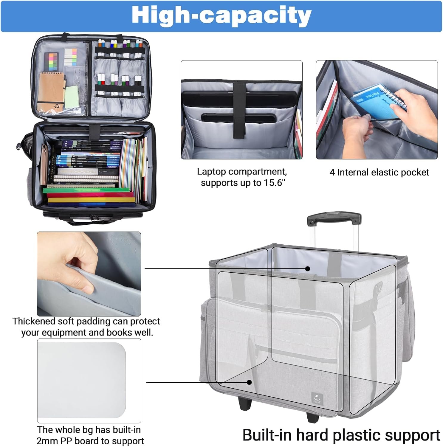 Rolling Teacher Bag, Rolling Briefcase with Detachable Trolley, Large capacity rolling bag with Laptop compartment, Adjustable Shoulder Strap, and Ample Storage Space - Image 3