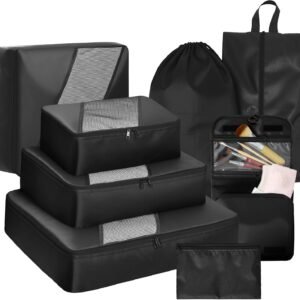 WVM Packing Cubes for Travel, 8 Set Luggage Organizer Bags with Shoe Bag, Toiletry Bag & Laundry Bag, Travel Accessories Essentials Packing Organizer, Black