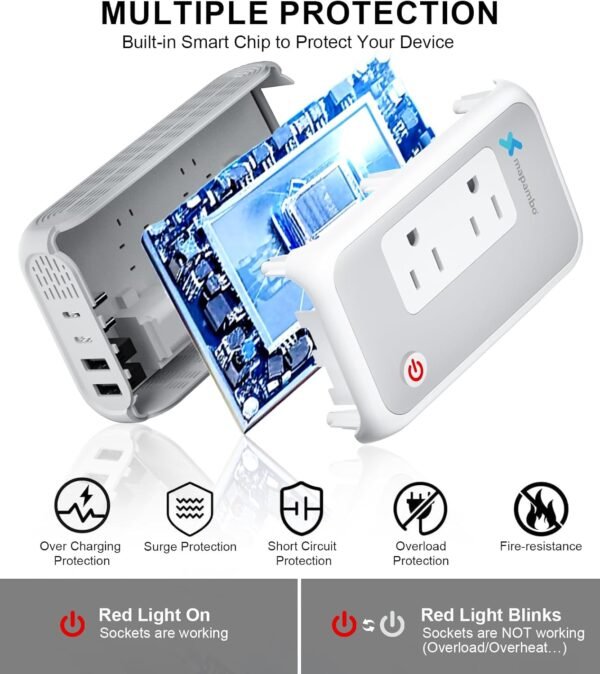 220V to 110V Converter, Mapambo 250W Voltage Conterver US to Europe, Step Down Converter for Curling Iron, Straightener-2 AC Sockets with 2 USB-A & 2 USB-C Ports - Image 6