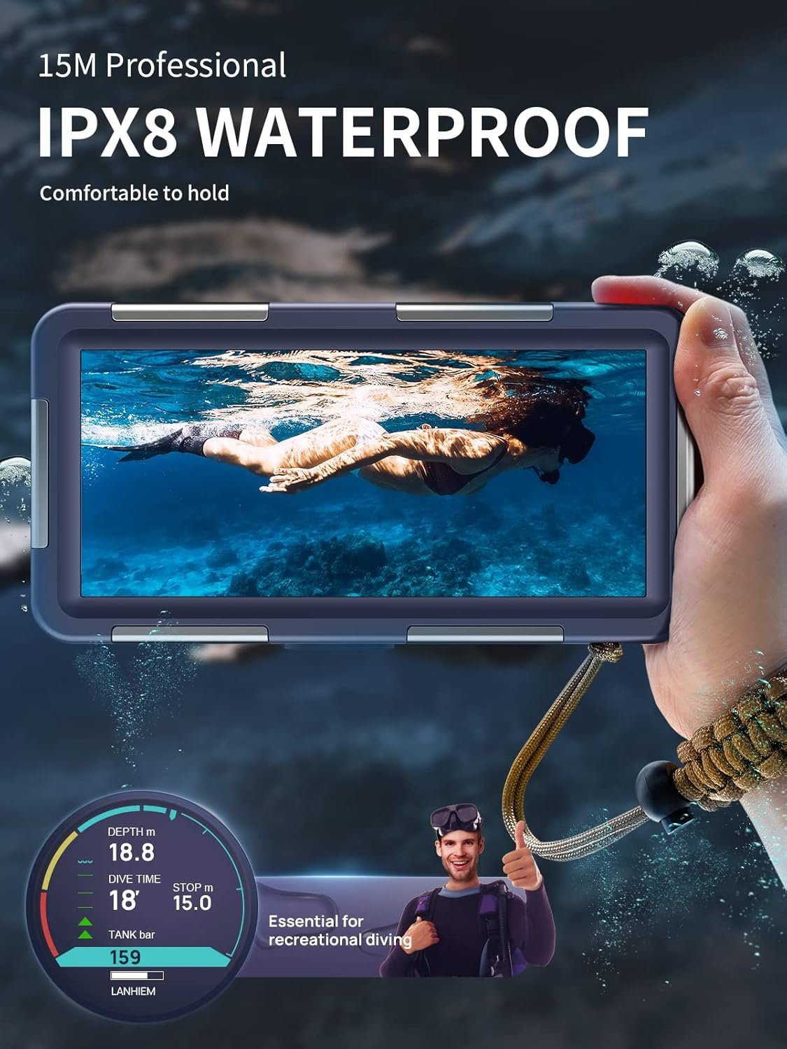 Underwater Diving Snorkeling Phone Case, IP68 Professional 50ft 15m Waterproof Outdoor Cellphone Case Photo Video Cover with Lanyard for iPhone 16 Galaxy Huawei Moto All Series, Blue - Image 2