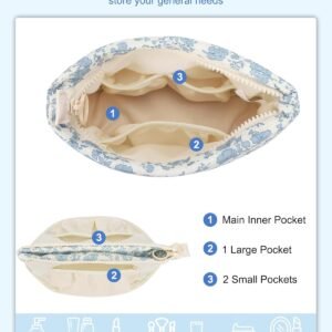 Small Makeup Bag, Portable Roomy Cosmetic Bag for Women, Floral Make Up Pouch, Mini Toiletry Bag Accessories Organizer for Trip, Office Stationery – Blue Flower