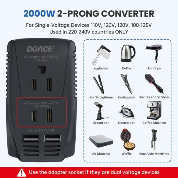 DOACE 2000W Voltage Converter US to Europe - 220V to 110V Converter for European Travel for Hair Dryer Straightener Curling Iron, 2300W Travel Power Adapter for Laptop Tablet Camera Cell Phone - Image 3