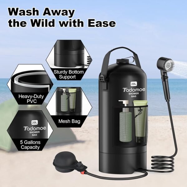 Portable Shower for Camping,5 Gal/20L Solar Heating Camping Shower Bag with Shower Pump,Shower Head,Essential for Camping,Festivals,Overlanding,Beach Trips,Outdoor Showers (Eco Foot Pump) - Image 3