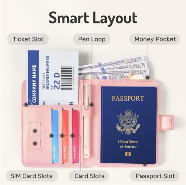 Forvencer Passport Holder with Money Pocket, RFID Blocking Passport Wallet Cover for Travel, Premium Card Case, Waterproof Travel Accessories for Women Men, Hot Pink - Image 2