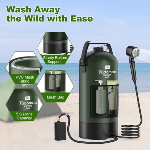 Portable Shower for Camping, 5 Gal/20 L Solar Heating Camping Shower Bag with Shower Pump, Portable Shower Head, Essential for Camping,Festivals, Overlanding, Beach Trips,Outdoor Showers - Image 3