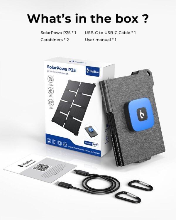 [Pocket-Size]BigBlue Portable 25W Solar Panel Charger, Folding Solar Charger with USB-A and USB-C Ports, IP68 Waterproof Solar Panel for Backpacking Compatible with Cellphones, Tablets, Power Bank etc - Image 8