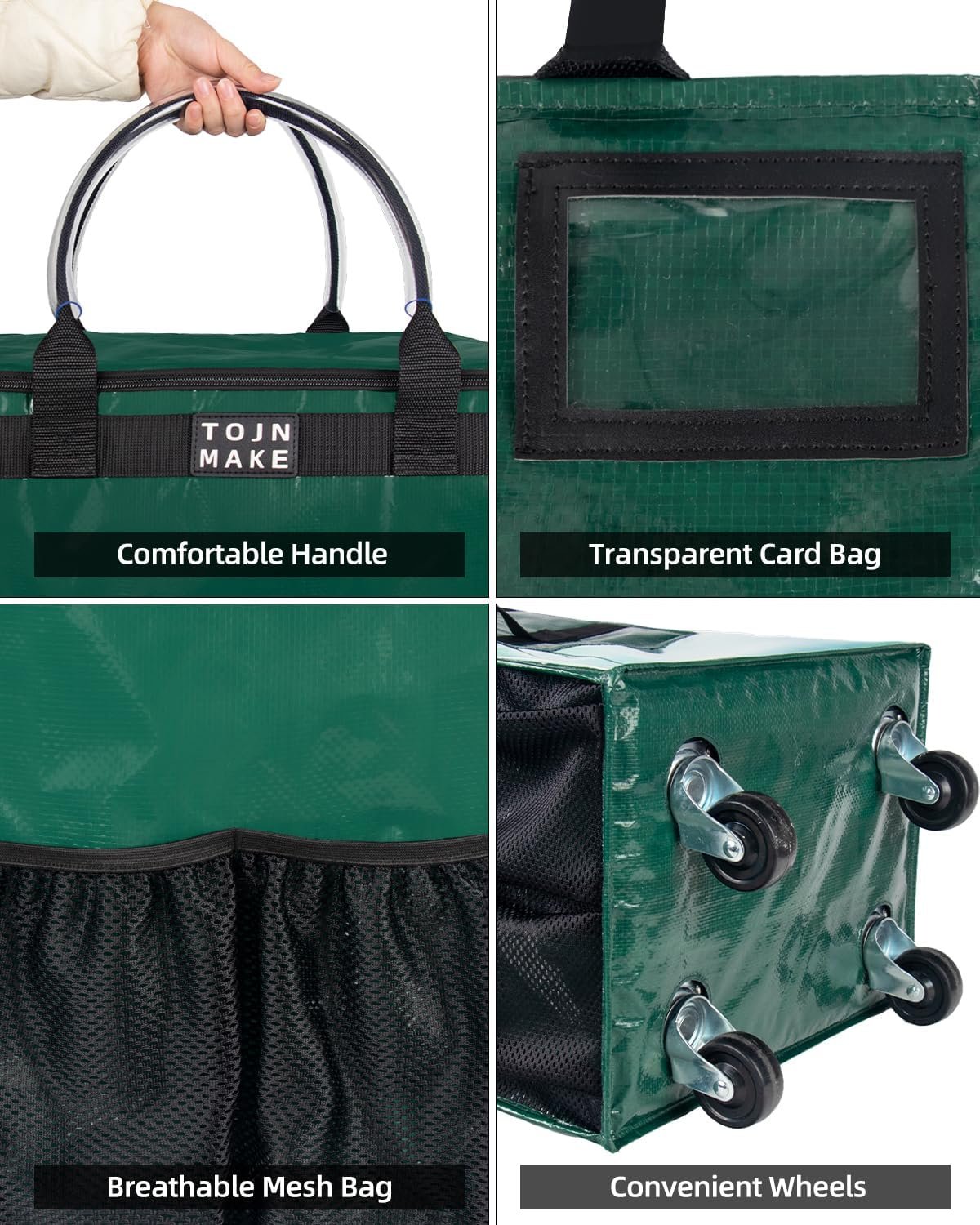 Reusable Grocery Bag On Wheels Shopping Trolley with 8 Pockets and Zipper Cover Foldable Rolling Tote, Heavy Duty Handles, Carries Up to 66 LBS Medium - Image 7