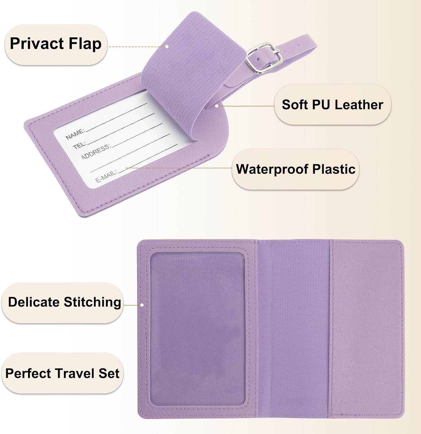 PATIKIL Passport Cover Holder and Luggage Tag Set, PU Leather Passport Case Holder Travel Tag Suitcase Identifier Travel Accessories for Men Women, Purple - Image 3
