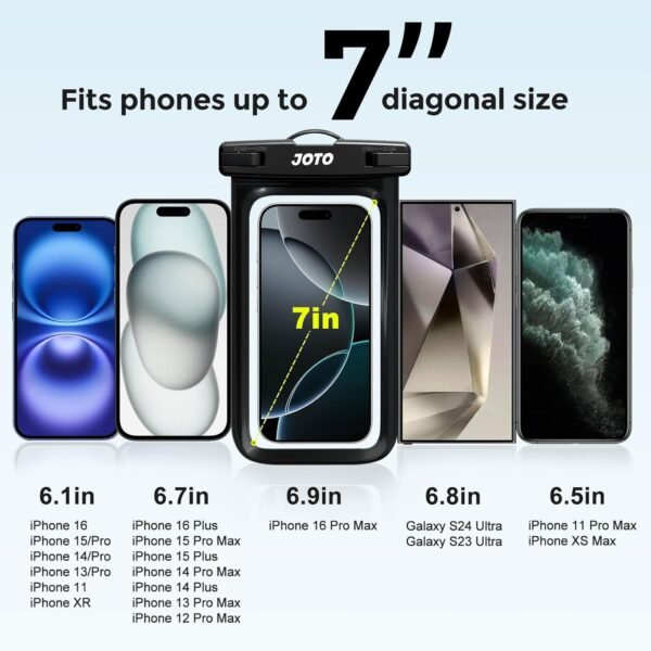 JOTO 2 Pack Universal Waterproof Phone Case for iPhone 16 15 14 13 Plus Pro Max, IPX8 Dry Bag 12 11 Pro Max XR X 8 7 6S Plus SE, Galaxy S23 S22 S21 S20+ S20 S10 Plus Note, Pixel up to 7" -Black - Image 4