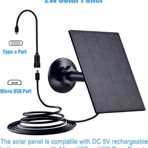 Zivif Solar Panel for Security Camera, 2W Solar Charger with Micro USB & USB-C Port for Rechargeable Battery Camera, with 360° Adjustable Security Mount, Black (2 Pack)