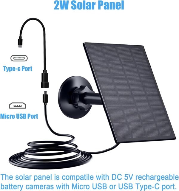 Zivif Solar Panel for Security Camera, 2W Solar Charger with Micro USB & USB-C Port for Rechargeable Battery Camera, with 360° Adjustable Security Mount, Black (2 Pack) - Image 2