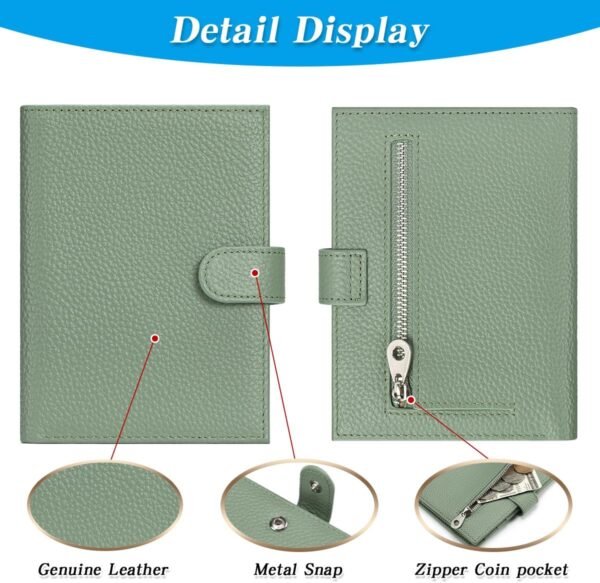 Passport Holder Travel for Women Genuine Leather Passport Wallet with Card Slots, Zipper Coins Pocket, Cash Holder, Green - Image 6