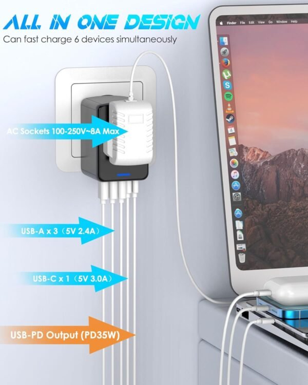 Universal Travel Adapter 35W PD Fast Charging Offers 3 USB-A Ports, 2 USB-C Ports and Multi AC Outlet, International Plug Adapter Worldwide Travel Charger All in One for EU US UK AUS - Image 3
