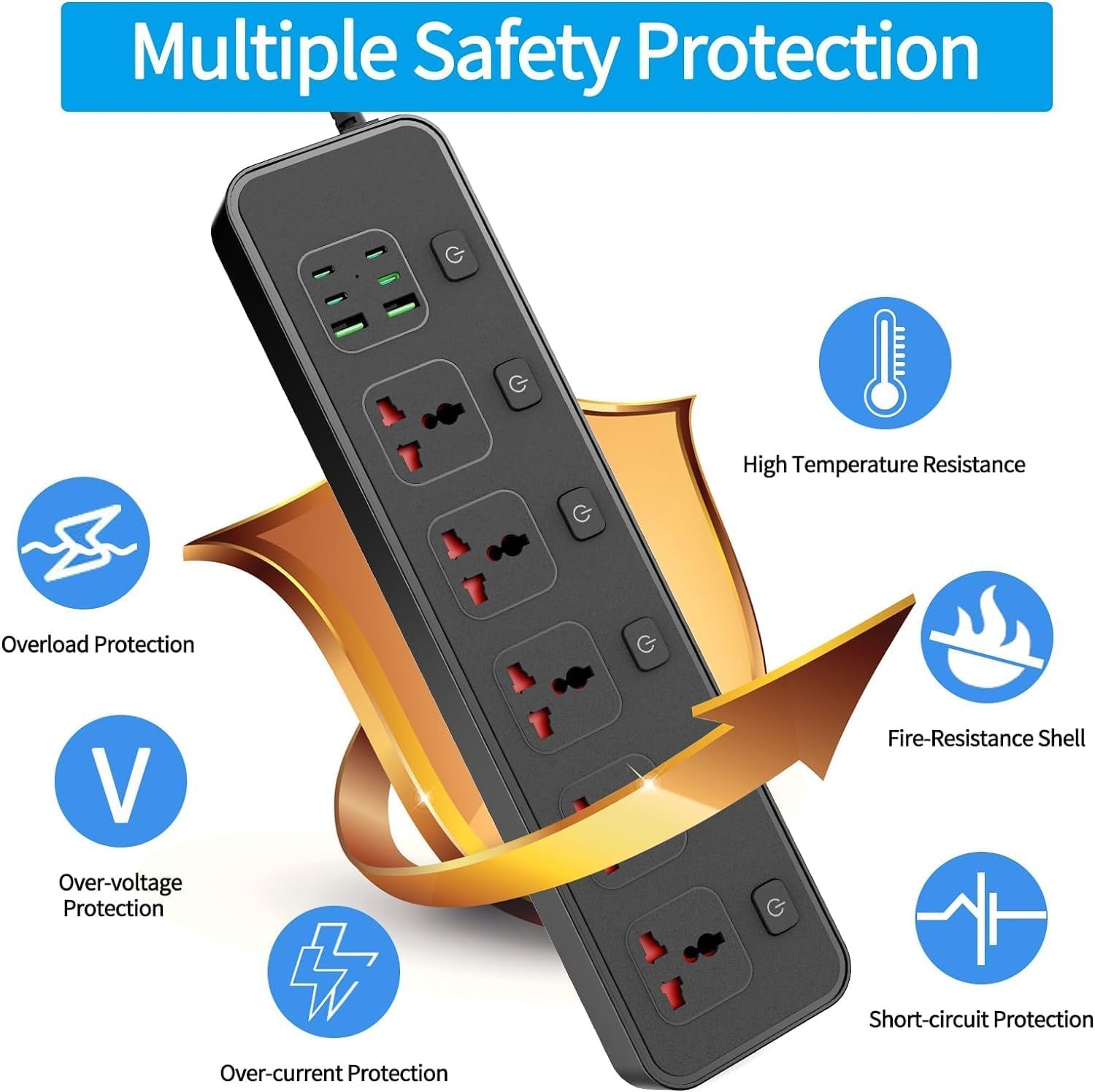 European Travel Plug Adapter with Individual Swtich, Jumpso 6ft Universal Power Strip with 5 Outlets and 6 USB (4 USB C), Max 3000w, 110-240v, International Power Adapter for Office Business - Image 4
