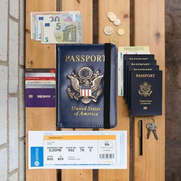 Passport Holder for Travel Passport Cover for Men Passport Wallet Case With 3D Metal Badge Protector Leather Card Case RFID Blocking Women Travel Accessories Document Organizer (Navy Blue) - Image 7