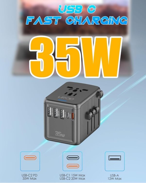 Universal Travel Adapter 35W PD Fast Charging Offers 3 USB-A Ports, 2 USB-C Ports and Multi AC Outlet, International Plug Adapter Worldwide Travel Charger All in One for EU US UK AUS - Image 2