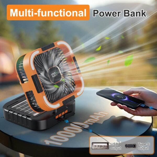 Portable Camping Fan with Solar Panel, 10000mAh Solar Powered fan, 6 Speed Levels, 120° Oscillation, 3 Light Modes, 6H Timer, Handle, Foldable Rechargeable Outdoor Fan for Tent, Hiking, Beach - Image 6