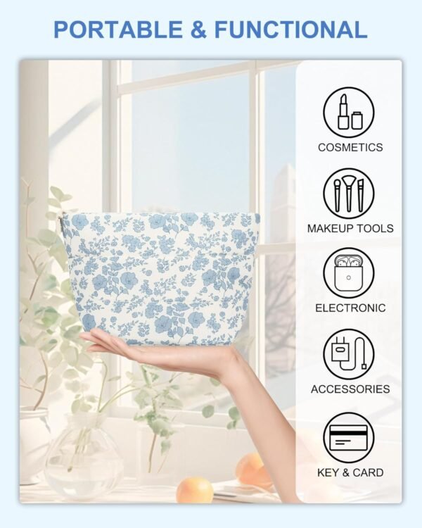 Small Makeup Bag, Portable Roomy Cosmetic Bag for Women, Floral Make Up Pouch, Mini Toiletry Bag Accessories Organizer for Trip, Office Stationery - Blue Flower - Image 5