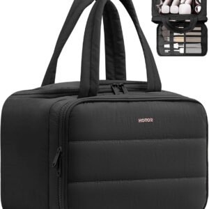 HOTOR Travel Toiletry Bag – Wide-Open Toiletry Bag for Women, Multi-Pocket Makeup Bag for Travel Essentials, Wet & Dry Separation Travel Accessories for Trip, Gym, 11.4″ x 5.9″ x 8.3″, Black