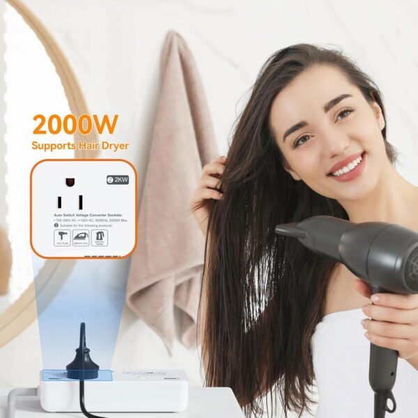 BESTEK 220v to 110v Voltage Converter US to Europe: 2000W Travel Voltage Converter for Hair Dryer & 200W Convert 220V to 110V for Curling Iron, Straightener - Image 2