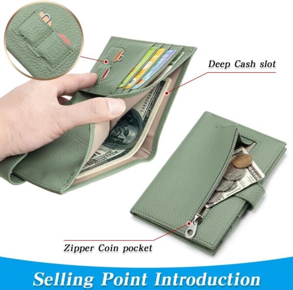 Passport Holder Travel for Women Genuine Leather Passport Wallet with Card Slots, Zipper Coins Pocket, Cash Holder, Green - Image 3
