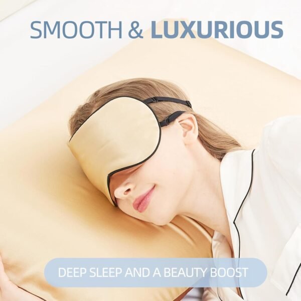 Sleep Mask, 1 Pack 100% Real Natural Pure Silk Eye Masks with Elastic Adjusting Strap, Mulberry Silk Eye Sleep Shade Cover for 3 Sizes (Gold, Small 7.1''x3.1'') - Image 6