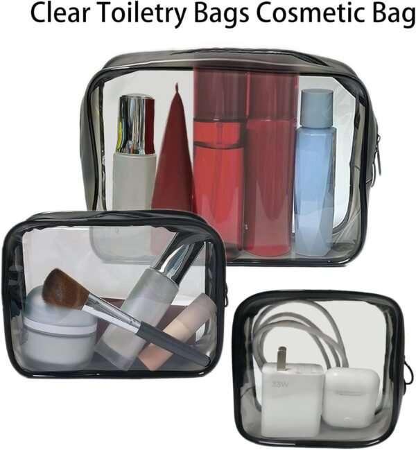 3 Pcs Clear Cosmetic Bag Water-resistant TSA Approved Toiletry Bag Makeup Cosmetic Bag for Women and Men Travel Organizer for Accessories Portable Wash Bag, Black - Image 4