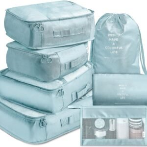 Packing Cubes 7 Pcs Travel Luggage Packing Organizers Set with Toiletry Bag (Pale blue)
