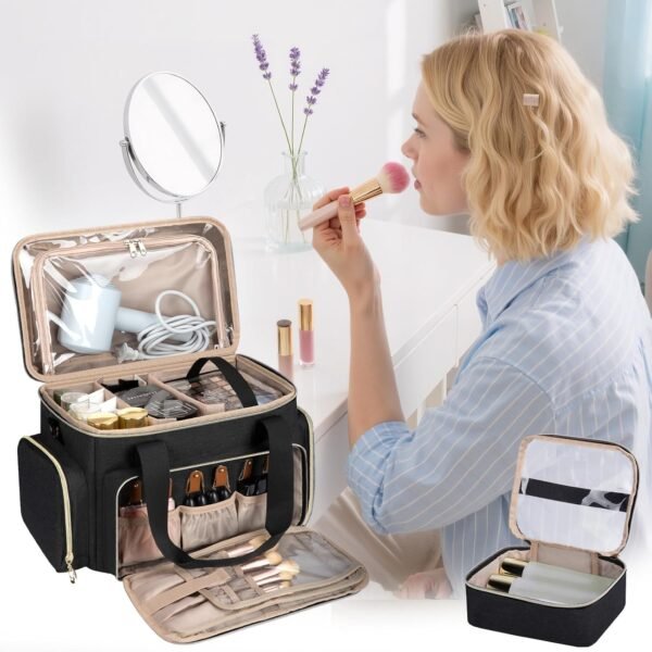 Large Makeup Bag, Portable Travel Makeup Bag Organizer for Women Girls with 2 Removable Pouches & Detachable Dividers, Cosmetic Travel Bag, Toiletry Bag for Makeup and Hair Supplies Black - Image 5