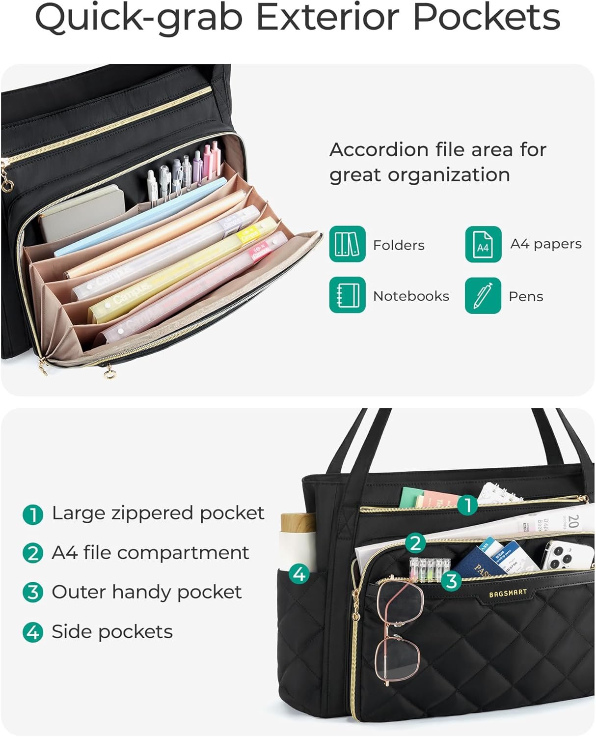 BAGSMART Teacher Tote Bag for Women 15.6in Quilted with Insulated Pocket & Nurse Bag Features (Black) - Image 3