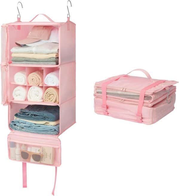GRANNY SAYS Hanging Packing Cubes for Travel, Large Portable Hanging Suitcase Organizer, Foldable Compression Luggage Organizer Bags for Clothes, Carry on Closet Suitcase, XL-Pink Travel Shelves