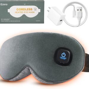 Ezona Cotton Cordless Heated Eye Mask, 2000mAh Warm Eye Compress Mask for Dry Eyes, Washable Eye Heating Pad for Travel, MGD,Blepharitis, Sinus Migraine with 10W Charger（Gray）