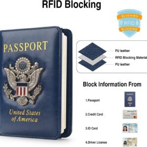 Passport Holder for Travel Passport Cover for Men Passport Wallet Case With 3D Metal Badge Protector Leather Card Case RFID Blocking Women Travel Accessories Document Organizer (Navy Blue)