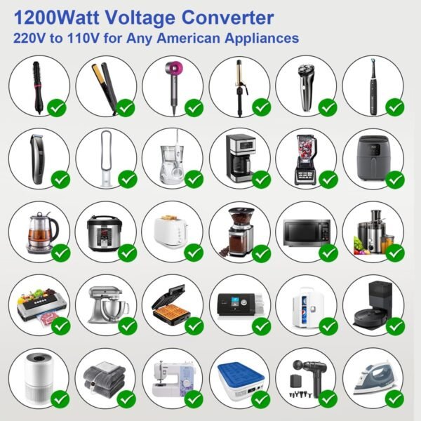 1200W Universal Travel Adapter Converter Step-Down 220V to 110V, 2 lbs Light Weight, Stable Pure Sine Wave, for Hair dryers, straighteners, Curling Irons, Coffee Makers (Black) - Image 8