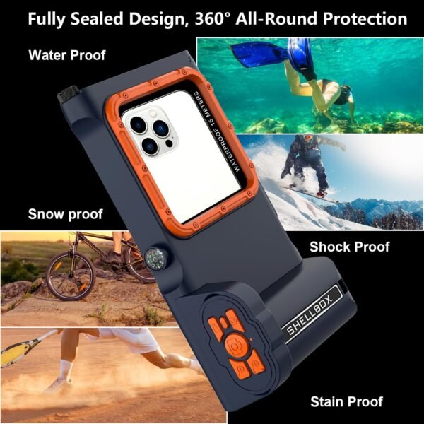 Professional Snorkeling Diving Waterproof Phone Case, Bluetooth Connection with APP Control, Underwater 50ft/15m Photo & Video Protective Housing for iPhone Samsung Galaxy LG Huawei etc. (Blue Orange) - Image 4