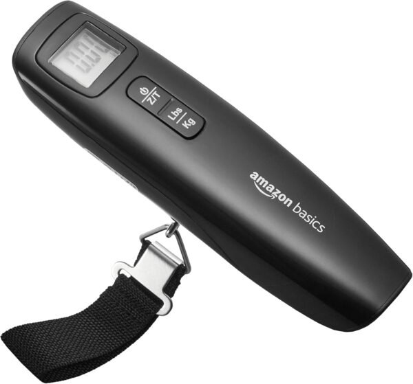 Amazon Basics Portable Digital Luggage Scale for Travel, Hanging Baggage Scale, Suitcase Weight Scale with Battery Included, Digital Display, Flexible and Sturdy Strap, 110 LBS Load, one Size, Black