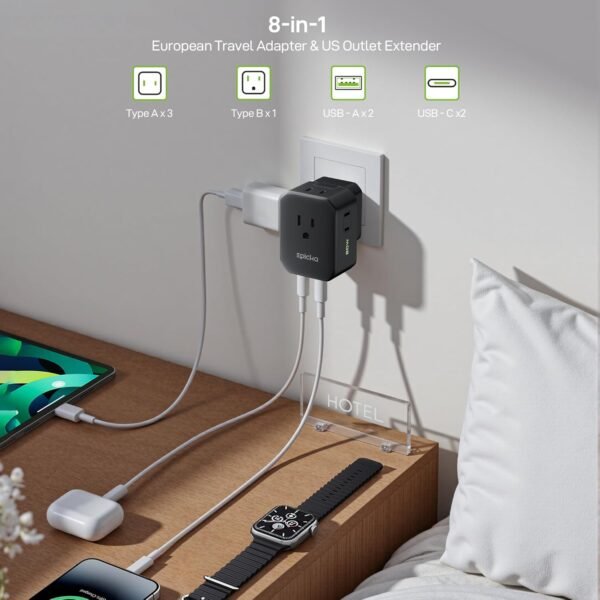 EPICKA Hybrid European Travel Plug Adapter, Foldable & Detachable Type C (EU) VisaPlug, 8-IN-1 International Power Adapter with 4 USB Ports (2 USB-C PD 20W) - Travel Essentials for US to Europe, Black - Image 2
