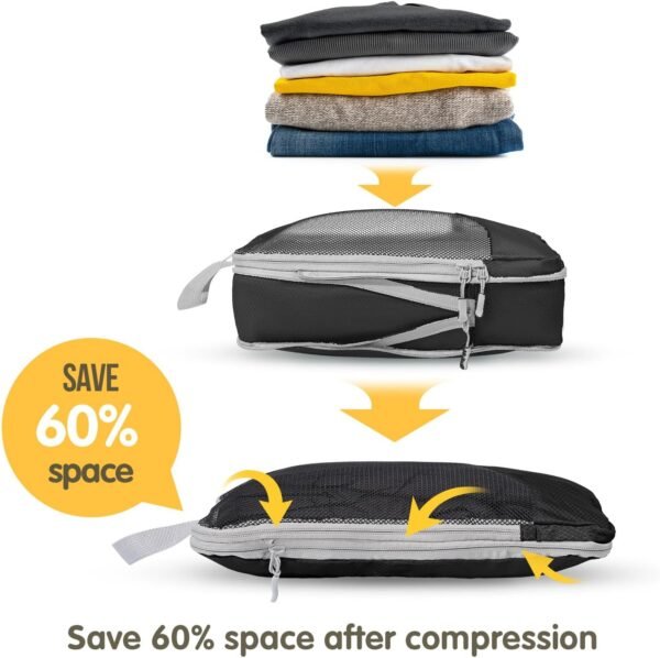 Compression Packing Cubes 8 Set, Dual Zipper Compression Packing Cubes for Travel, See-Through Mesh Packing Bags for Suitcases, packing cubes with shoe bag (Black) - Image 4