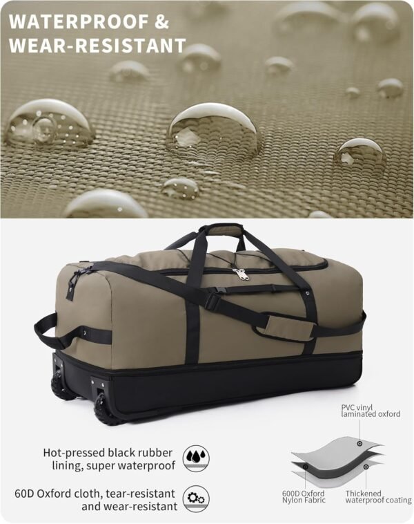 CONTAIL 32”110L Expandable 140L Rolling Duffle Bag with 2 Inline Wheels,Convertible Weekend Travel Bag with Bungee-Cord System,Army Green - Image 9
