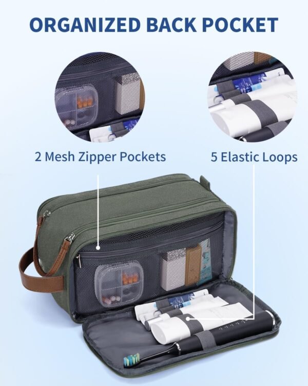 WANDF Toiletry Bag for Men Travel Toiletry Organizer Canvas and Leather Dopp Kit Water-Resistant Shaving Bag for Travel Accessories (Green, Large) - Image 6