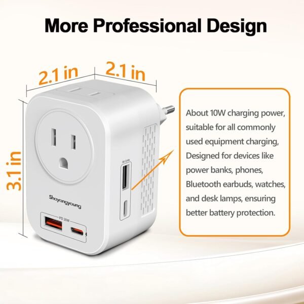 220V to 110V Voltage Converter US to Europe International Universal Travel Adapter, 20W PD With 2 USB-A 2 USB-C Port, Worldwide Power Converter Plug Combo US to Spain Italy Greece WHITE-I - Image 6