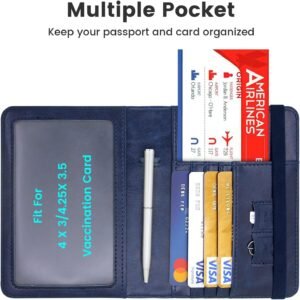 Passport Holder Leather Rfid Blocking Passport Id Organizer Cover Wallet Case with Vaccine Card Holder Combo CDC Vaccination Protectors Book for Men Women (Navy Blue)