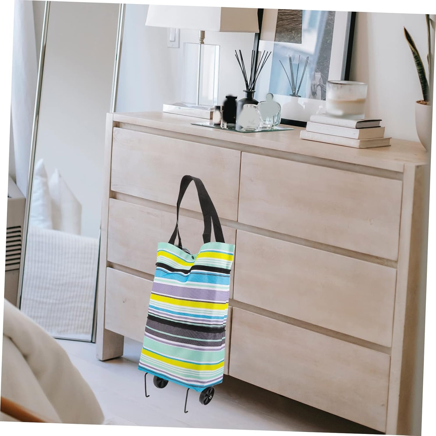 jojofuny Adjustable Handle Foldable Grocery Trolley Bag with Wheels Reusable Shopping Pouch for Travel and Laundry Portable Cart Bag for Daily Groceries and Use Blue Stripe - Image 9