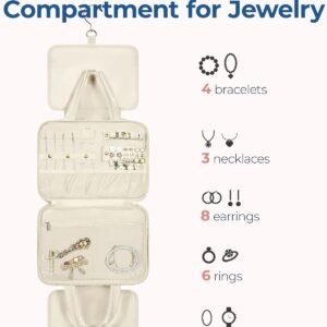 BAGSMART Travel Toiletry Bag with Jewelry Organizer, Hanging Travel Bag for Toiletries, Puffy Makeup Cosmetic Bag Organizer, Carry-on Travel Accessories Essentials, Beige-M