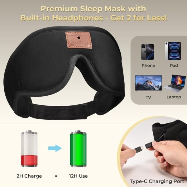 2-Pack 3D Sleep Mask with Bluetooth Headphones, Sleep Headphones, Bluetooth Sleep Eye Mask with Adjustable Hook and Loop, Ultra-Thin Stereo Speakers Perfect for Men/Women Sleeping Gifts - Image 5
