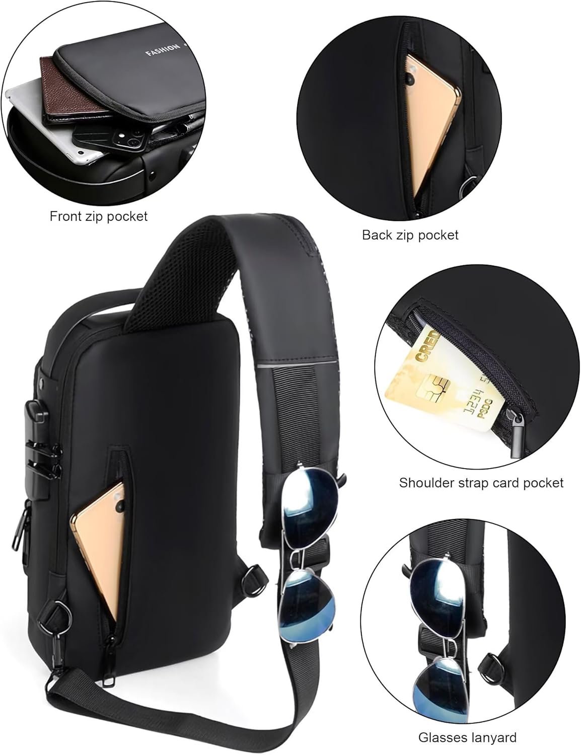 Sling Bag for Men Women, Black Anti-theft Crossbody Bags with USB Charging Port Waterproof Crossbody Sling Backpack Shoulder Bag for Hiking Cycling Running Travel - Image 3