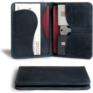 Hide & Drink, Double Passport Cover with Slots for Bills and Keys, Rustic Case, ID Organizer, Full Grain Leather, Handmade Accessories, Slate Blue