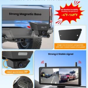 Solar Backup Camera Wireless for RVs and Trailers No-Installation – 7.2″ HD 1080P Monitor,Dual Camera System, Strong Magnetic Scratch-Proof Rear View Camera for Trucks, Campers, SUVs, and Cars